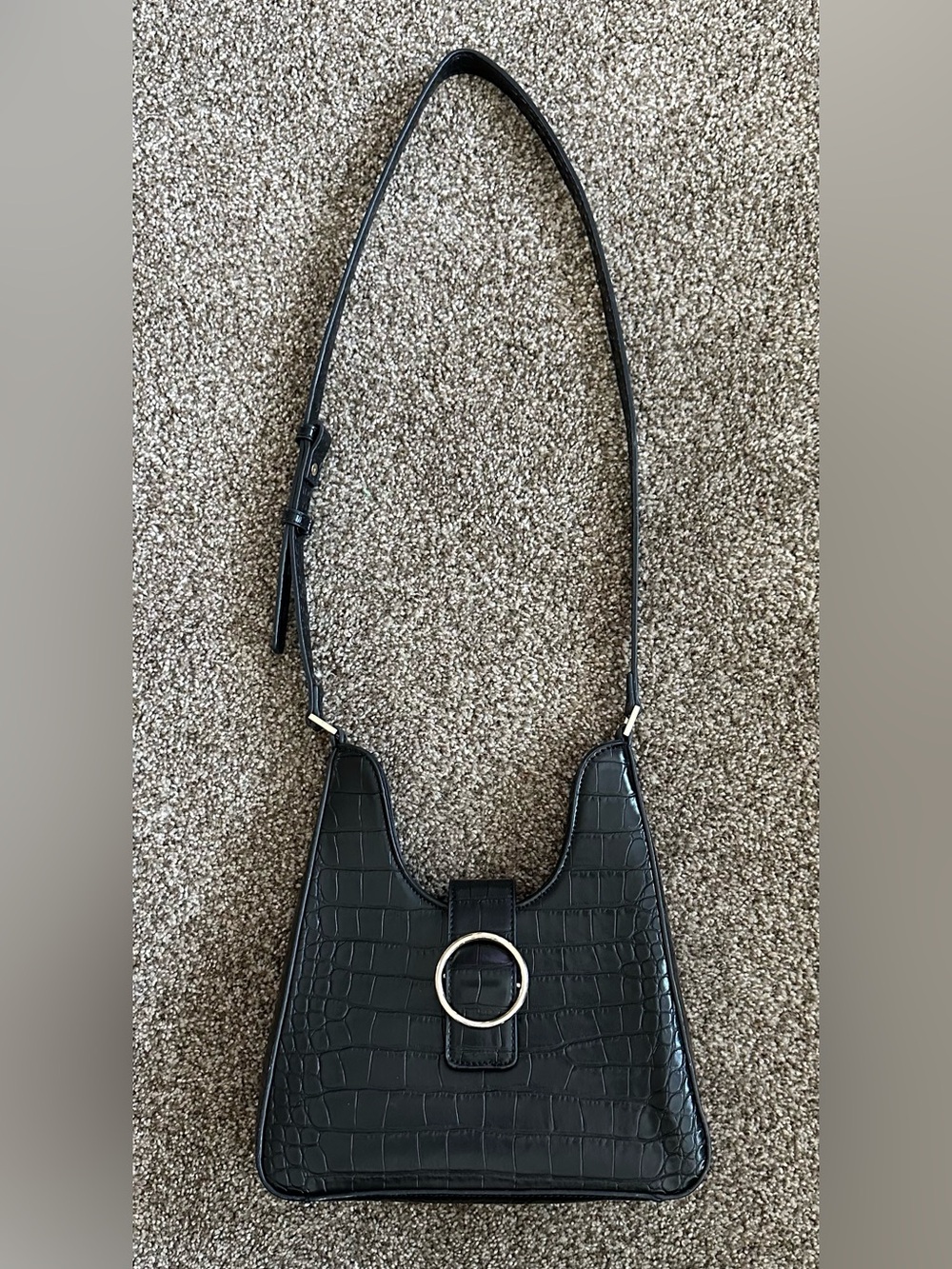 Anthropologie Black Croc Pattern Crescent Shoulder Bag Zip Gold Ring Detail